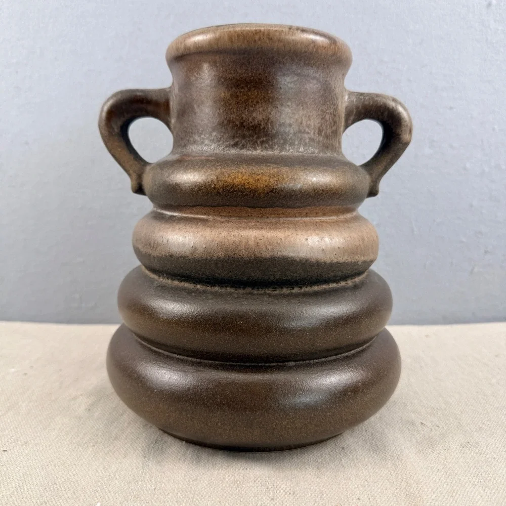 West German Pottery Vase Beehive Shape Brown Fat Lava Glaze 8